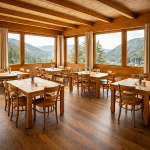 Speiseraum, Helles Holz, Aussicht auf Berge