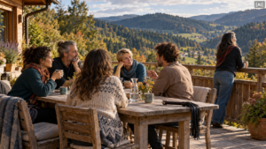 KI-generiertes Bild einer kleinen Gruppe Erwachsener auf einer Holzterrasse im Südschwarzwald. Sie sitzen im frühen Herbst bei Tee zusammen; eine Person blickt über das bewaldete Tal. Ein schwarzer Lederflogger mit langen Striemen liegt am Tischrand.