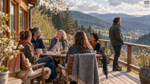 KI-generiertes Bild einer kleinen Gruppe Erwachsener auf einer Holzterrasse im Südschwarzwald. Sie sitzen bei Tee zusammen, während eine Person am Geländer in ein bewaldetes Tal schaut. Am Rand des Tisches liegt ein schwarzer Lederflogger als diskreter Hinweis auf den sexpositiven Rahmen.
