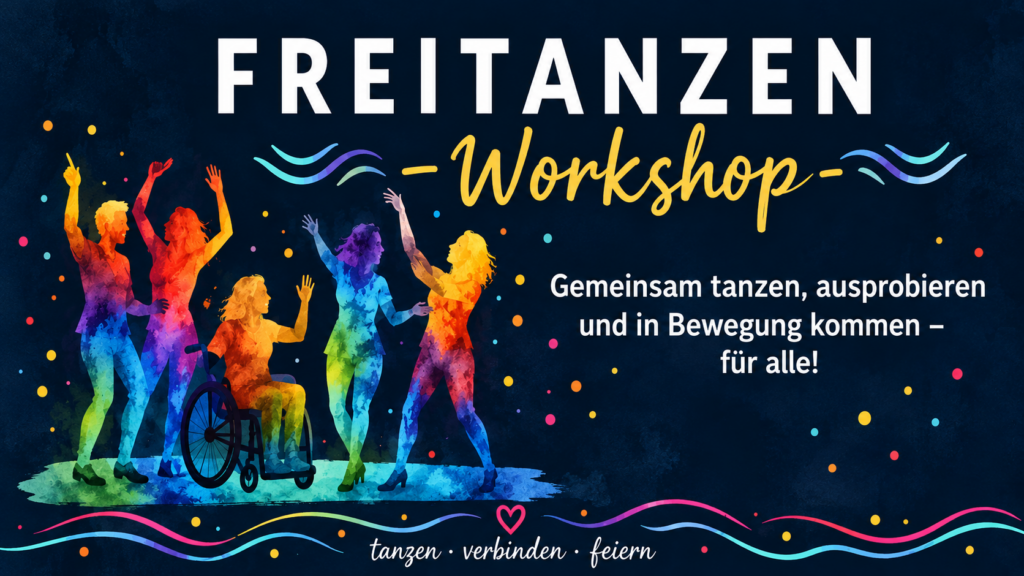 Unterschiedliche Menschen Tanzen. Drunter ein Mensch mit Rollstuhl.