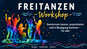 Unterschiedliche Menschen Tanzen. Drunter ein Mensch mit Rollstuhl.