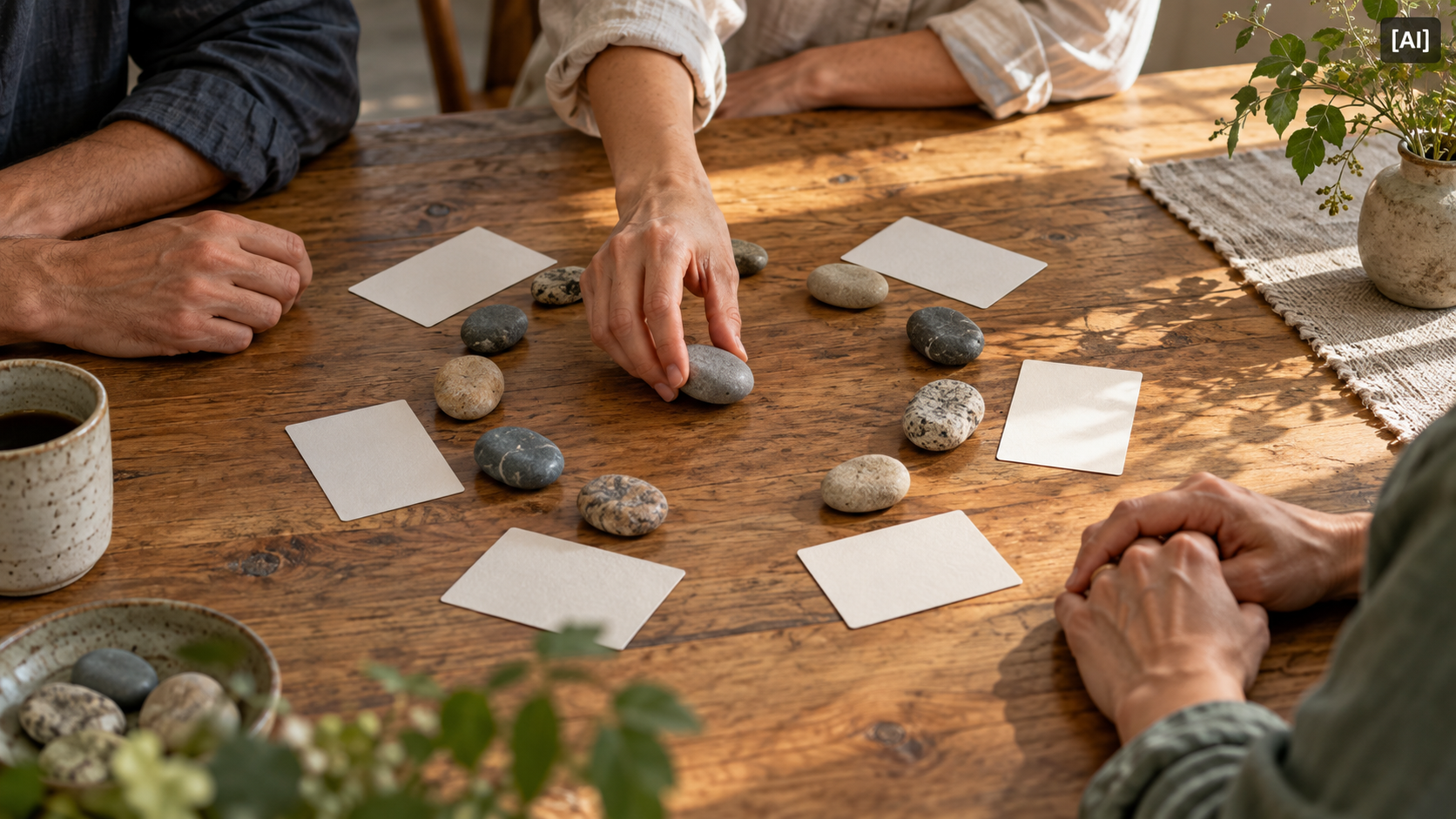 Macht, Machen und Verantwortung: Hände von mehreren Menschen ordnen gemeinsam Steine und Karten an einem Holztisch [AI]